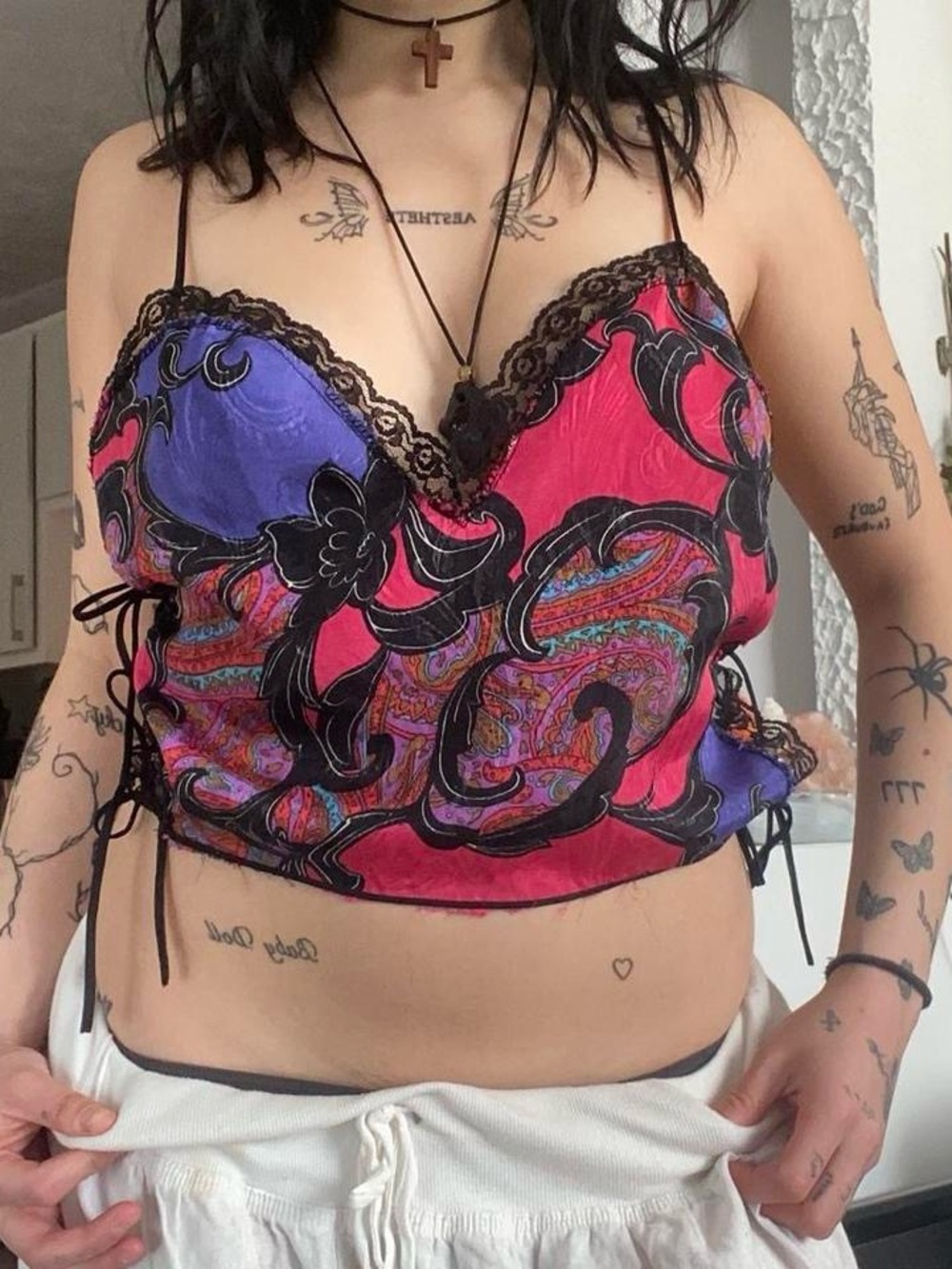 Paisley print tank top with lace-up sides and sheer back size Large